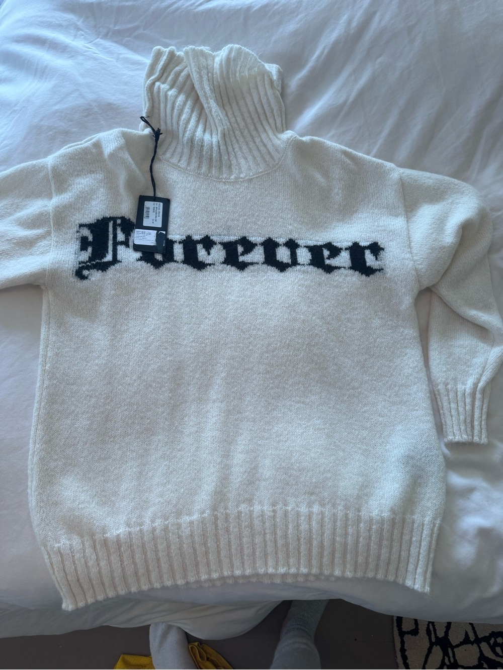 John Richmond Cream Turtleneck Sweater with Black 'Forever' Script